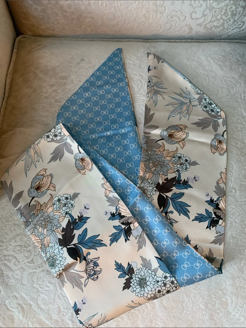 Floral & Geo Reversible Silk-Feel Scarf Tie - Blue & Cream